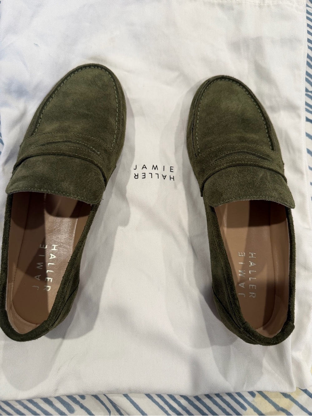 Jamie Haller Olive /sage Suede Penny Loafers